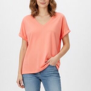 XIEERDUO Coral V Neck Cuffed Sleeve T Shirt Size S Polyester Rayon Blend